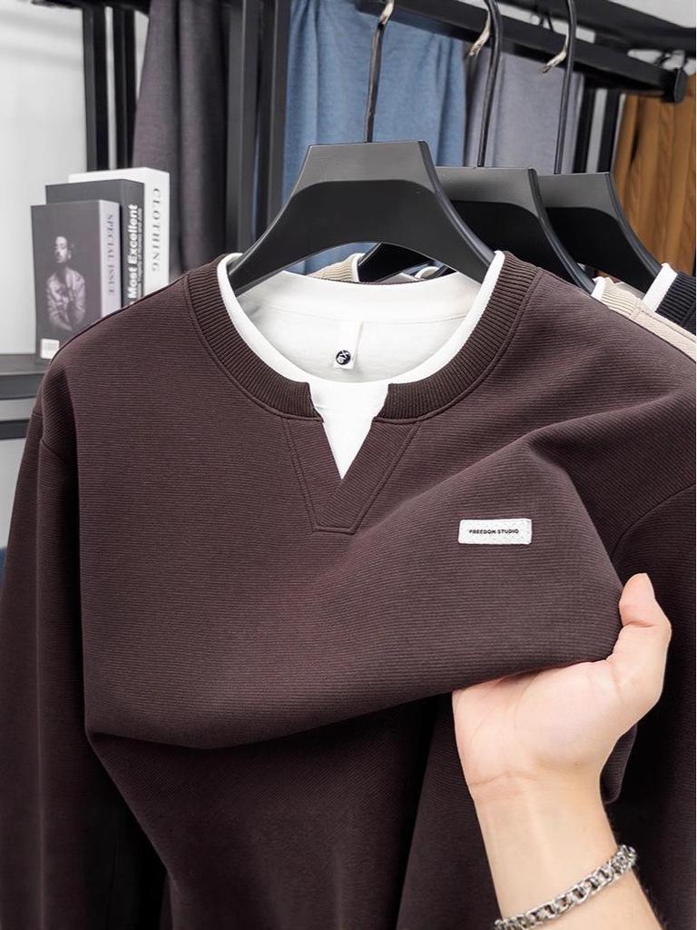 Schwerer Hoodie für Herren: Herbst/Winter, Rundhalsausschnitt, Fake-Zweiteiler-Design, Lockere Passform, Lässige Mode