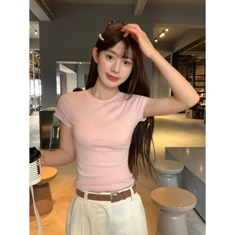 Pink shoulder short-sleeved t-shirt women's summer new solid color round neck slim-fitting short top
