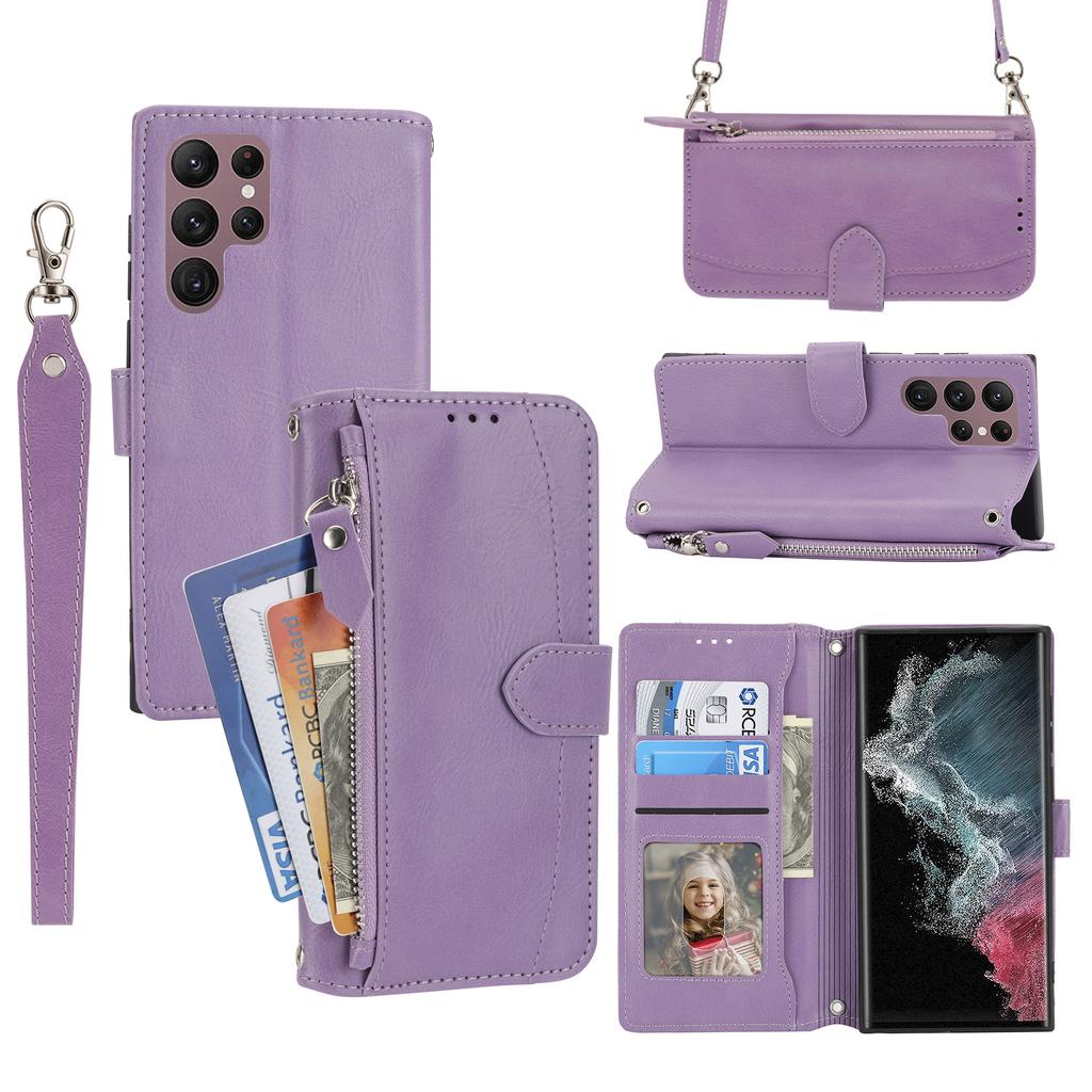 For Samsung Galaxy S25 Ultra Case Zipper Pocket Leather Phone Cover with Crossbody Shoulder Strap