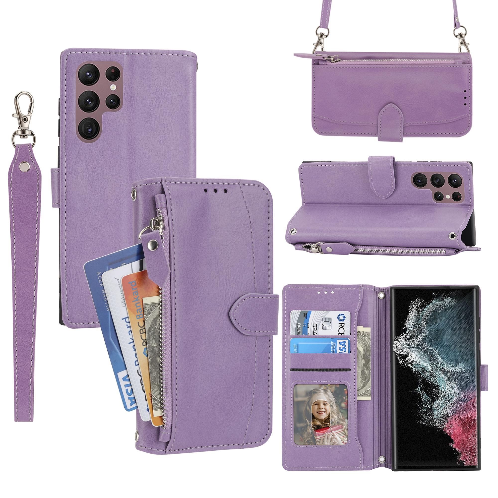 

For Samsung Galaxy S25 Ultra Case Zipper Pocket Leather Phone Cover with Crossbody Shoulder Strap Purple