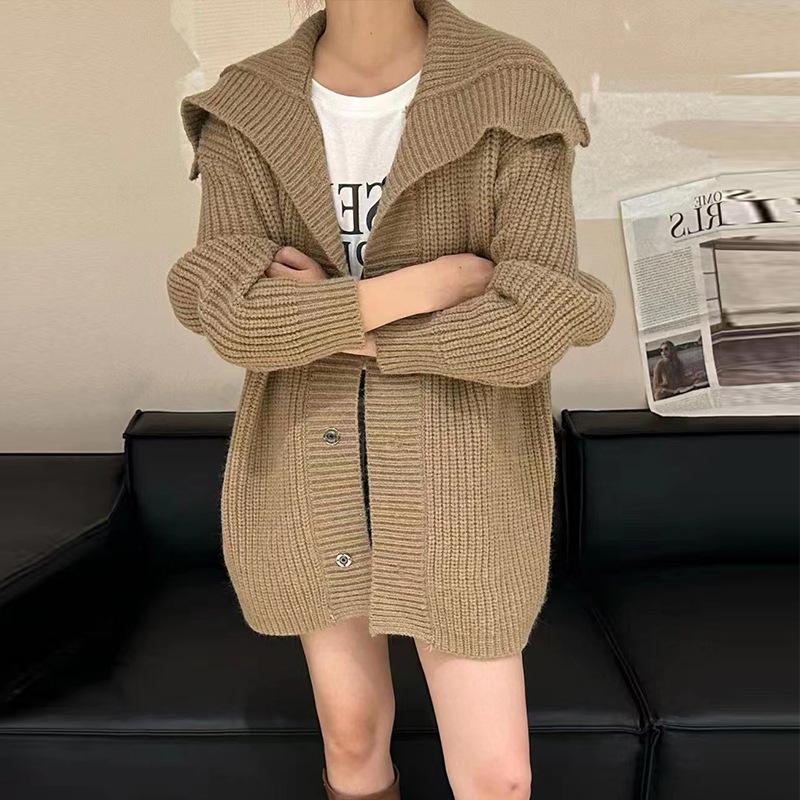 

Retro simple lapel knitted cardigan women s autumn and winter new solid color loose lazy wind sweater jacket one size fits all хаки