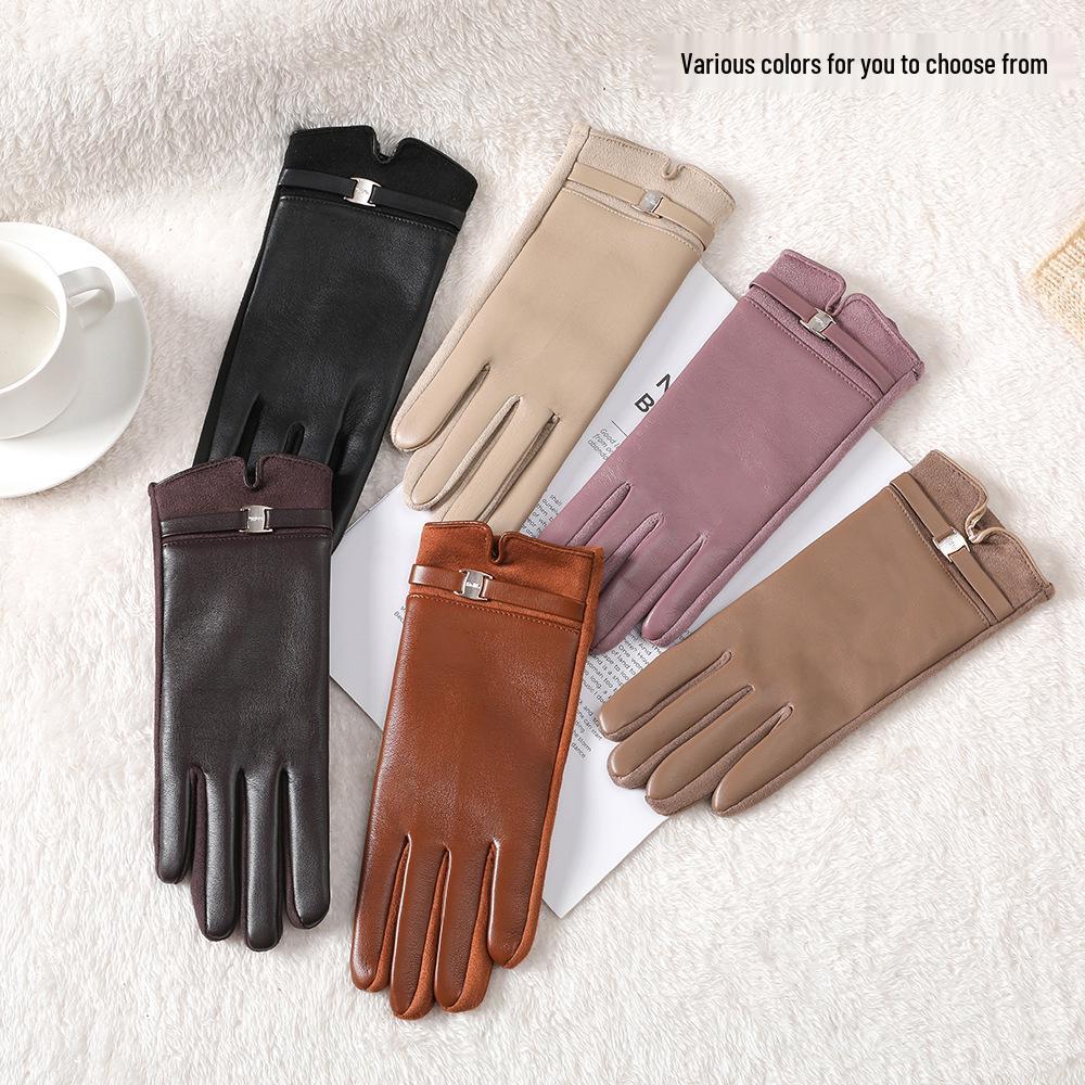 Women's Cute Windproof PU Leather Gloves: Winter Cycling, Driving & Touchscreen Compatible with Thick Velvet Lining