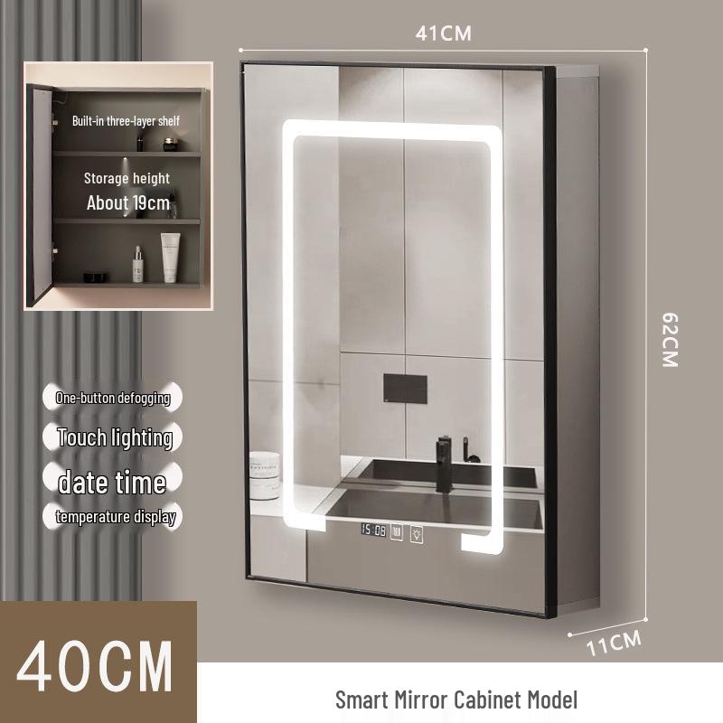 40cm x 50cm Space Aluminum Smart Mirror Cabinet with Lights & Defogging, Punch-Free Wall-Mounted for Small Bathrooms