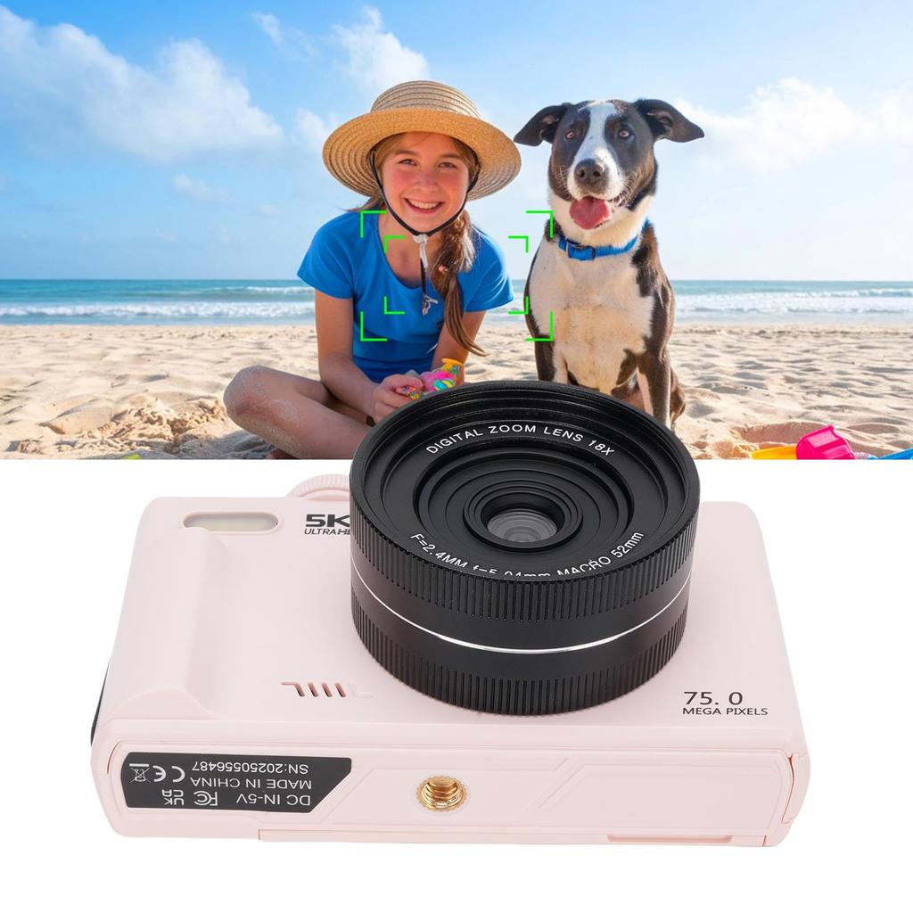 VBESTLIFE 5K Digitalkamera für Fotografie, WiFi 75MP Vlogging-Kamera mit 18x Zoom, 0,45x Weitwinkel-Makroobjektiv, 3" 180° Klappbildschirm Kompakt