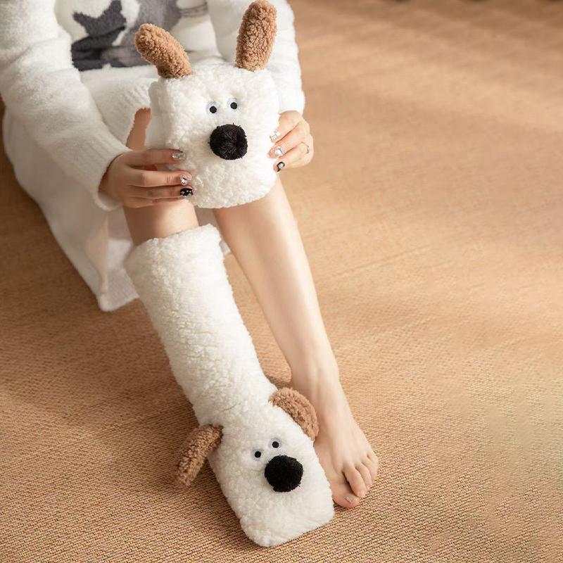 Winter Warm Cartoon Puppy Plush Sleep Socks Snow Socks Home Leg Warmers