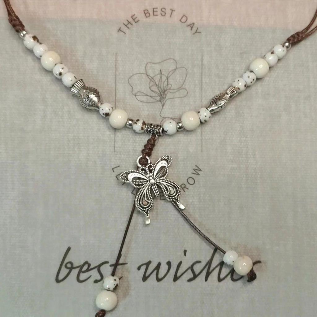 Color Beaded Ceramic Butterfly Braided Rope Necklace New Chinese National Ancient Style Accessories Light Luxury High-end Collarbone Chain