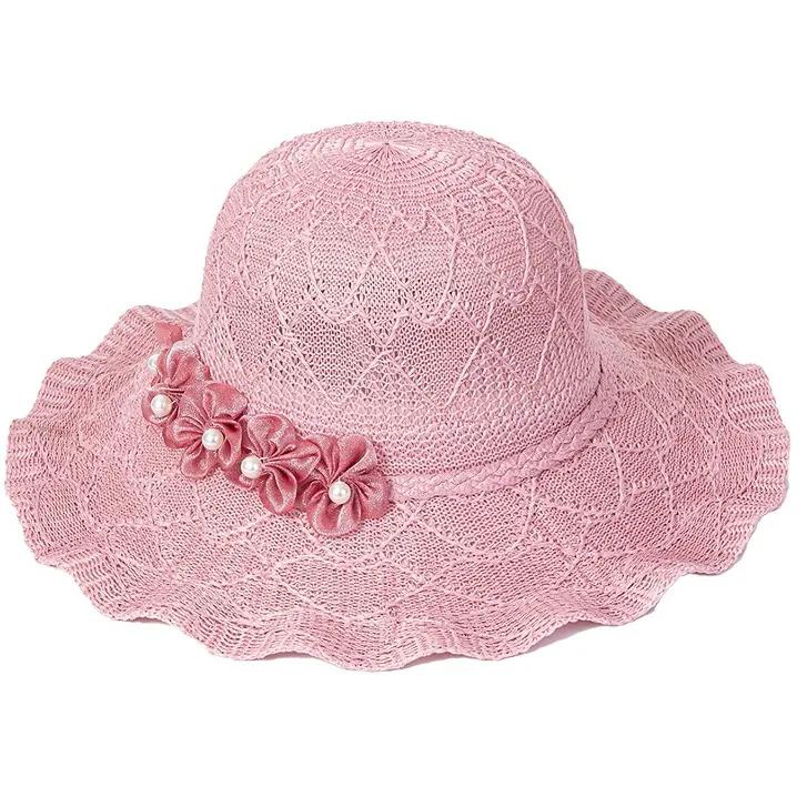 WTEMPO Chapeaux de soleil unis avec fleurs pour femmes printemps été à large bord extérieur respirants pliables chapeaux de soleil de plage
