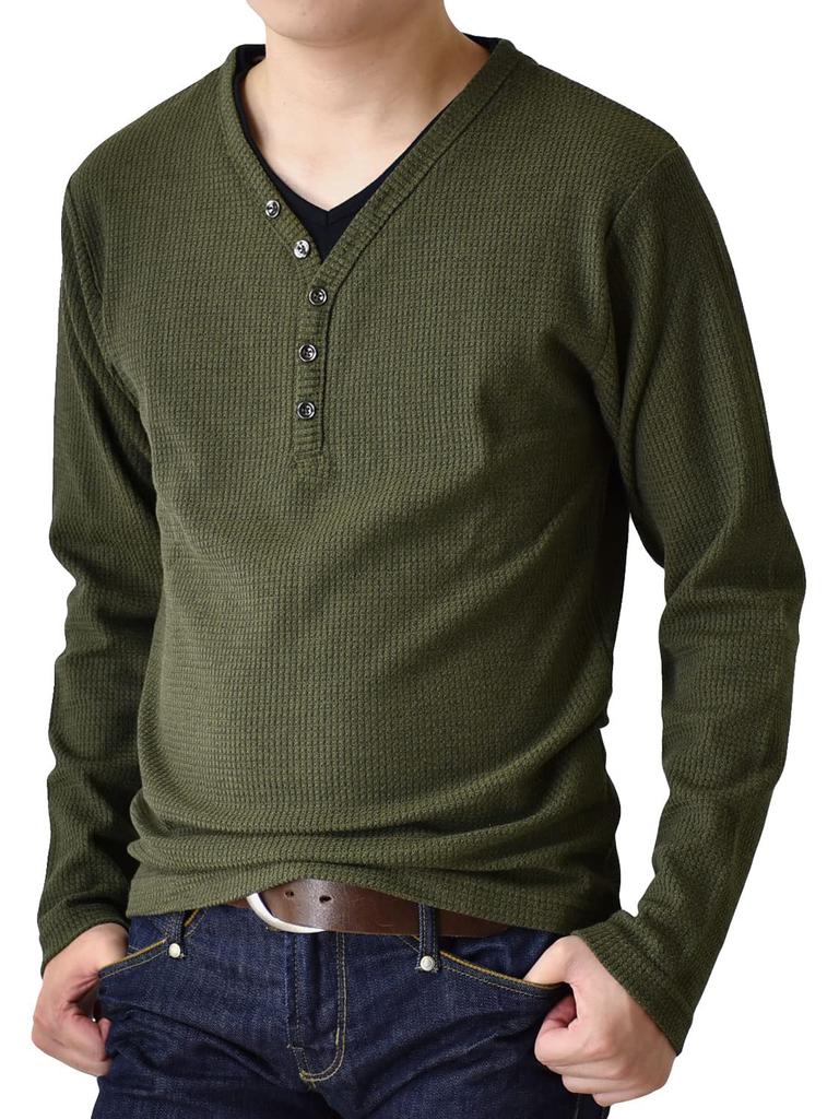 ARONA Heather Border Layered Style Waffle 36 Size L Y-Henley Sweatshirt/YC Khaki,