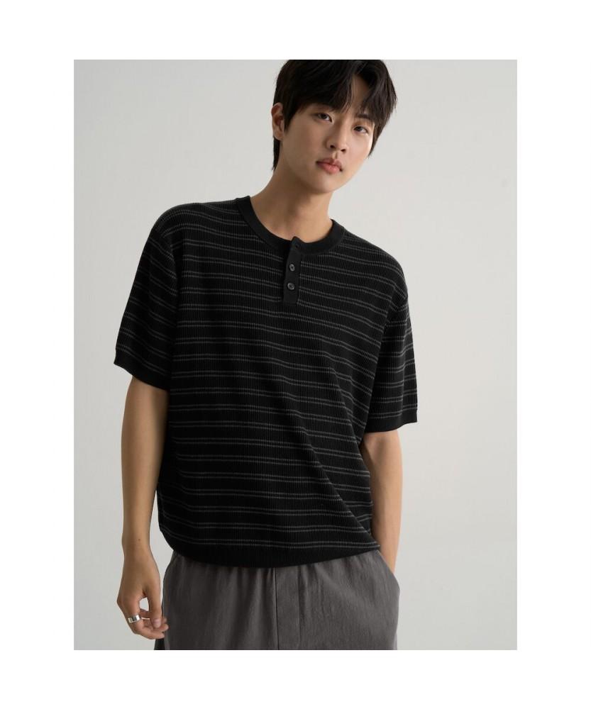 8SECONDS Washable Striped Henley Neck Pullover Black