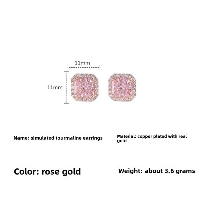 silver needle simulation pink tourmaline stud earrings for women, slightly inlaid square flash diamond earrings, temperament high-end niche earrings