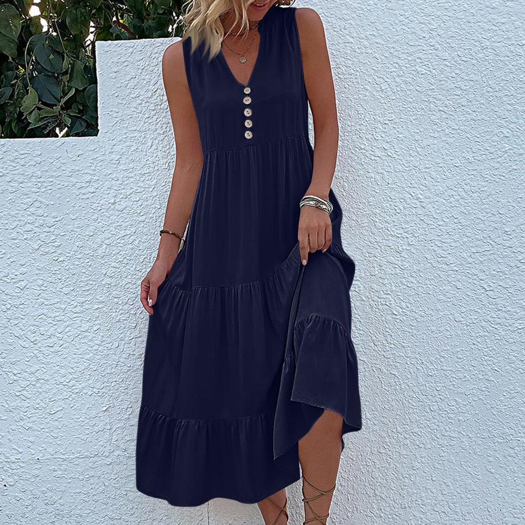 Sleeveless Women's Dress Casual Flowy A-Line Midi Tshirt Dresses With Pockets Crewneck Vocation Boho Beach Sundress