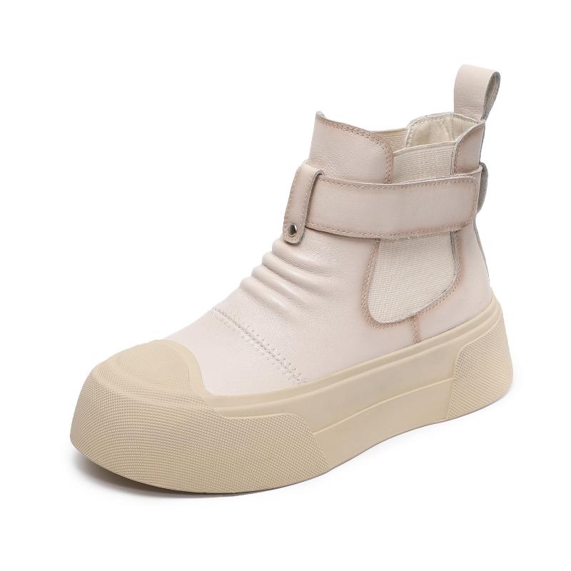 Fashion New 5cm Fashion Women Chunky Platform Ankle Boots Spring Autumn Genuine Leather Pleated Slip On Thick Sole Casual Short Boots
