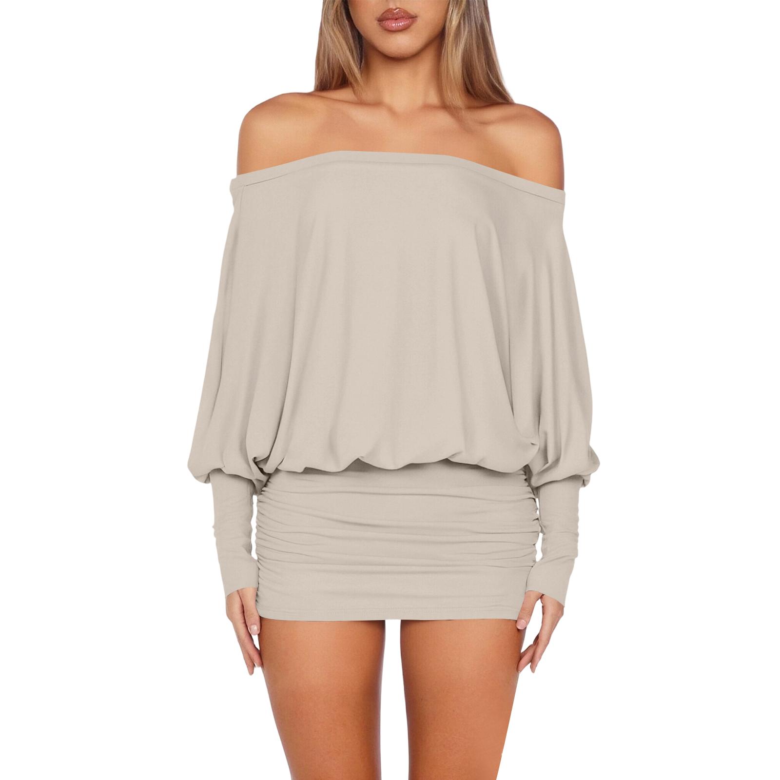 Женское весенне-летнее сексуальное облегающее платье с открытыми плечами и рюшами L бежевый