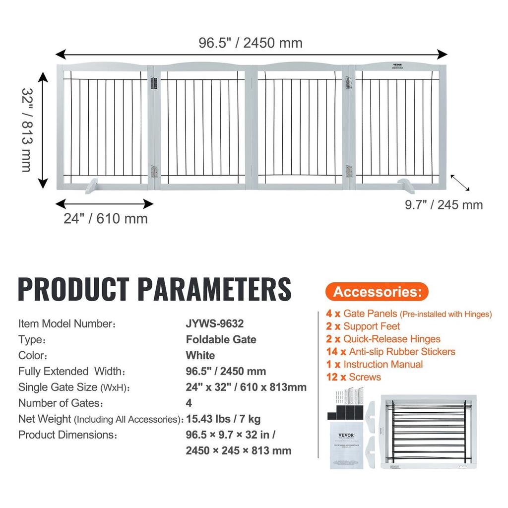 Free Standing Dog Gate 32x96.5 Inch Freestanding Pet Gate Foldable White