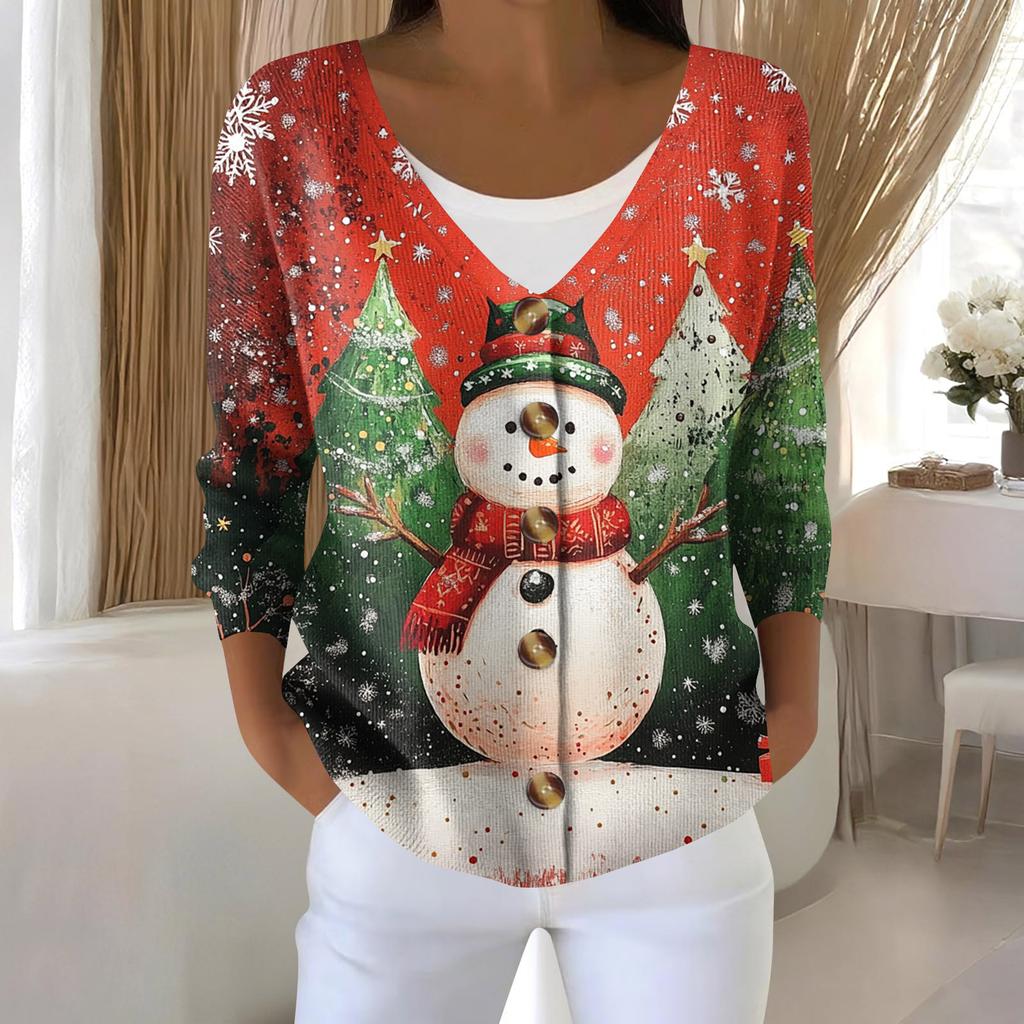 Women's Fashion Long Sleeve Christmas Snowman Snowflake Print Jacket Cardigan