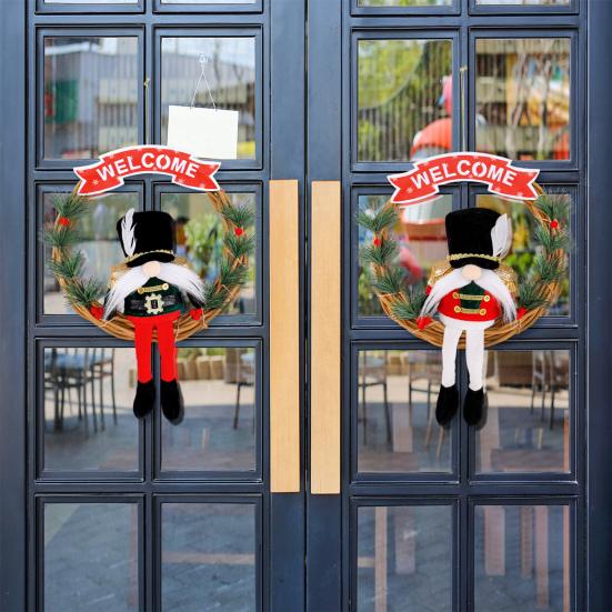 Christmas Gnome Wreath 13 Inch Artificial Vine Wreath with Soldier Gnome Front Door Welcome Sign for Indoor Outdoor Xmas Home Porch Decor