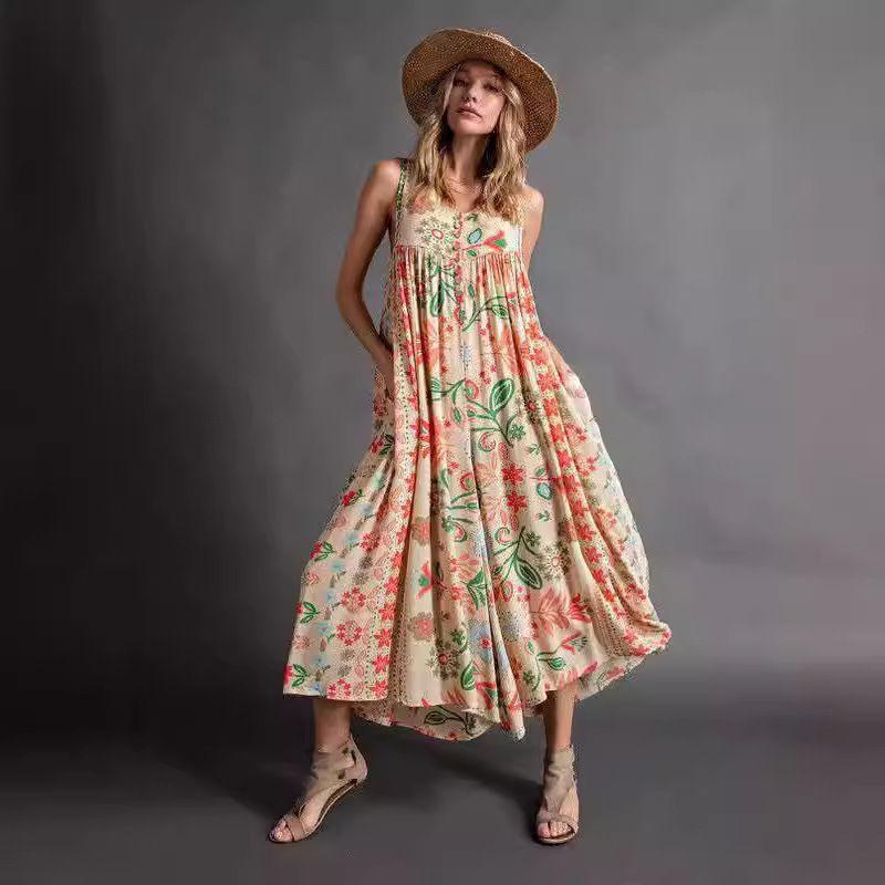 

Summer New European and American Women clothes Retro Print Loose Sleeveless Jumpsuit Champagne 4XL