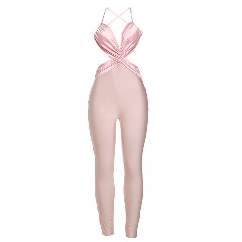 

Outfitgirl American Sexy Nightclub Bar Wear Elastic Tight Contrast Color Cross Collar Open Back One-Piece Pants Pink L
