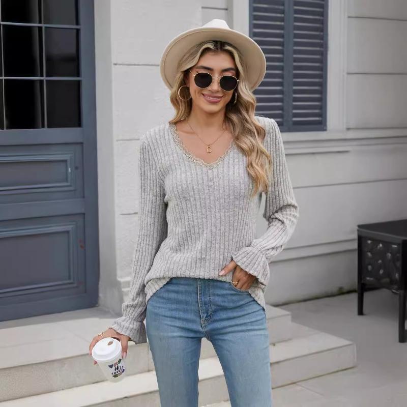 Long Sleeves Solid Color Pit Strip Polished Casual V-neck Lace Long-sleeved Bottoming Shirt