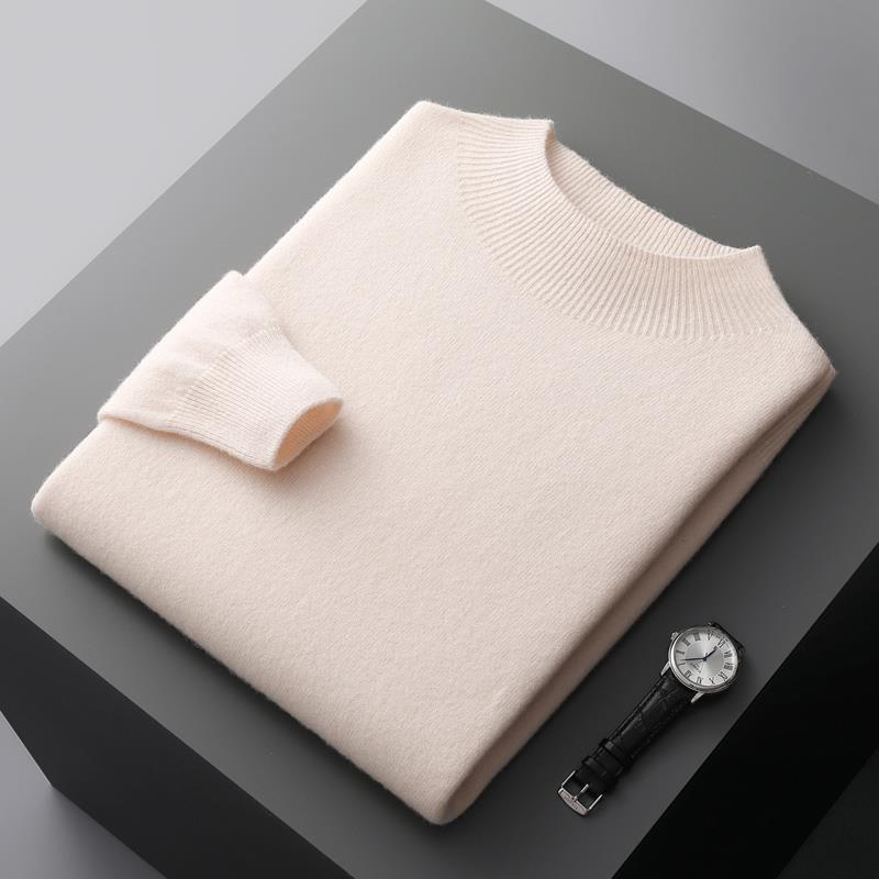 Men s Casual Wool Half-High Neck Knit Sweater - Solid Color Pullover Base Layer M