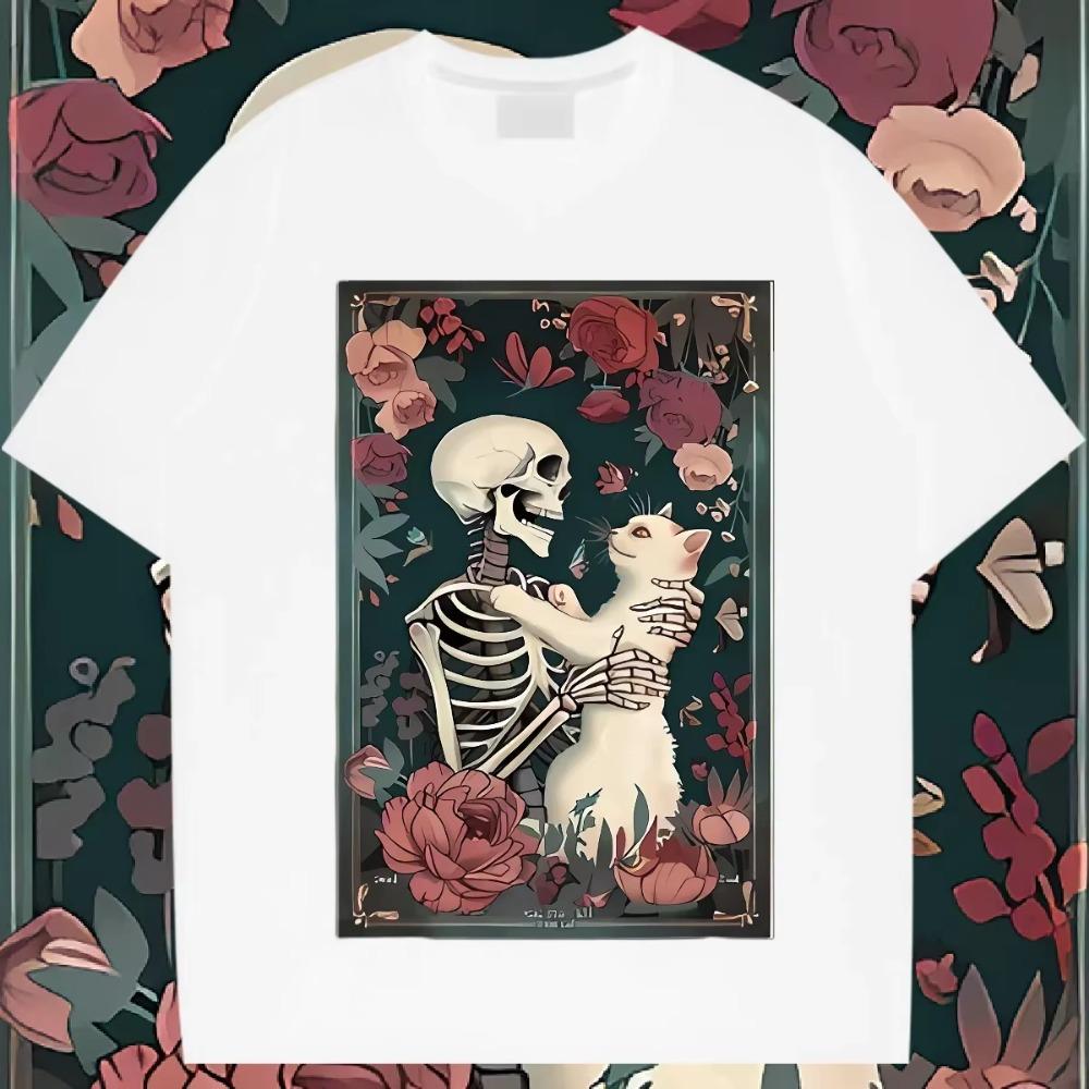 Skull And Cat T Shirt Oversized O-Neck Tee Retro For Men Woman Tees Graphic Printing Clothes Streetwear Tops Loose T-Shirt