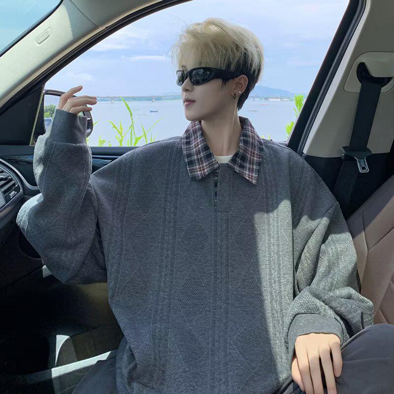 Men s Autumn Plaid Polo Collar Hoodie - Fake Two-Piece, Loose Fit, Long Sleeve Top M серый