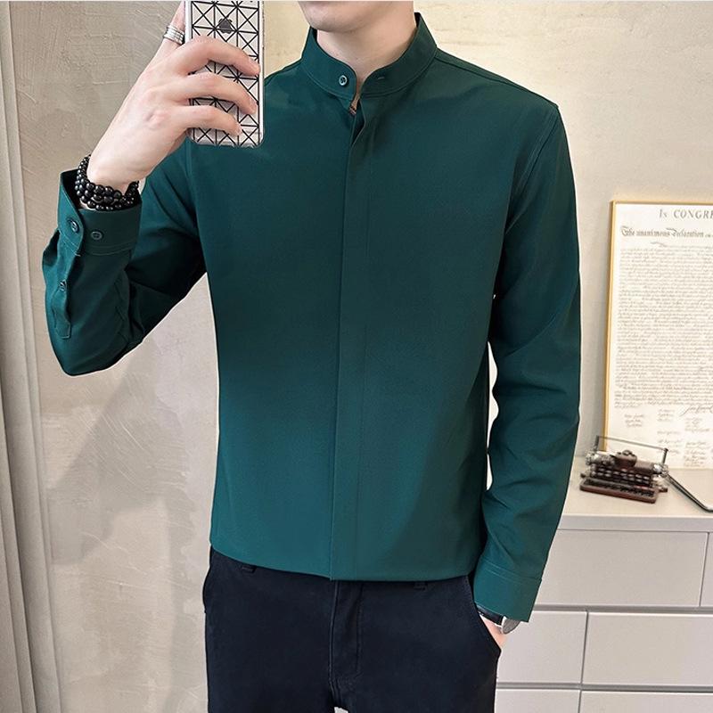 

Чоловіча розкішна сорочка, що не потребує прасування, зі стійкою - біла або чорна, з довгим рукавом L темно-зелений колір