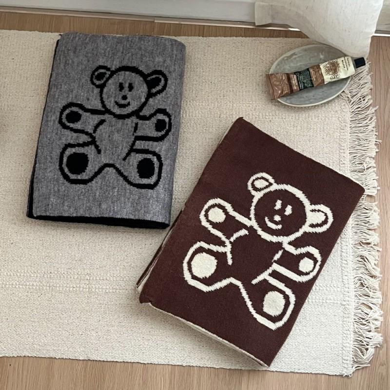 Soft Knitted Bear Motif Scarf Women Winter Warm Double-Sided Wrap Shawl Student Style Unisex Accessory