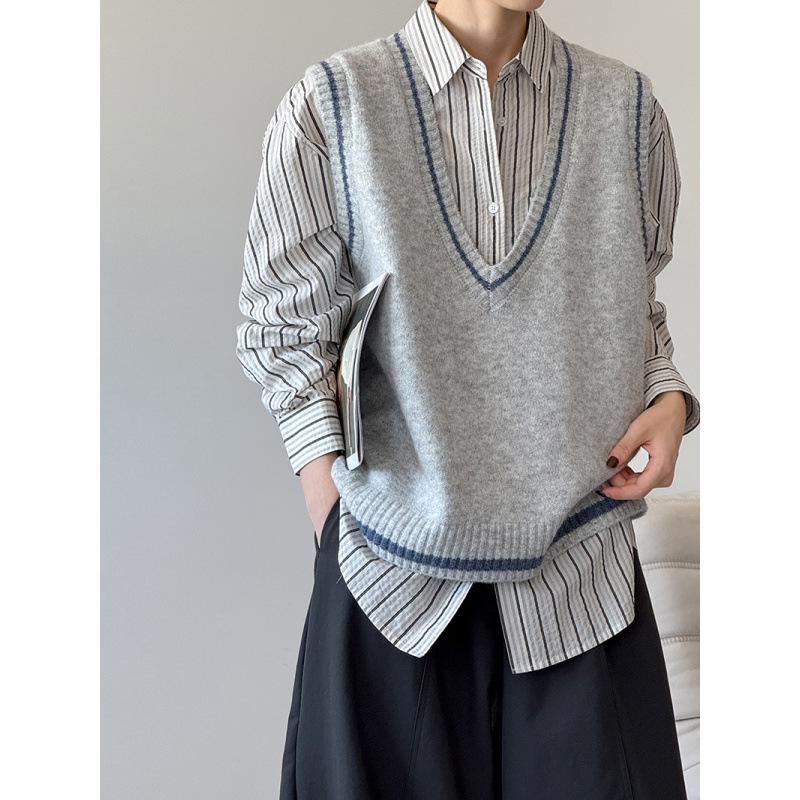 Orange Zhi Retro V-Neck Color Block Knitted Vest - Early Autumn College Girl Style