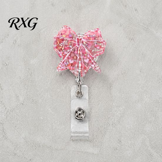 Cute Badge Reel Nurse Reel, Funny Retractable Glitter Acrylic Name Tag Holder with Bow Clip, Sparkly ID Card for Teachers Student Staffs