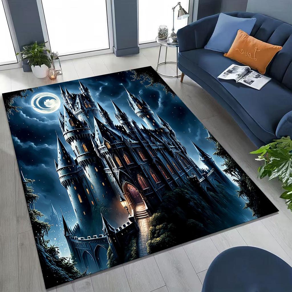 Enchanted Fairytale Princess Castle Gothic Castle Cartoon Rug for Bedroom Living Room Sofa Home Doormat Decor, Kids Non-slip Mat