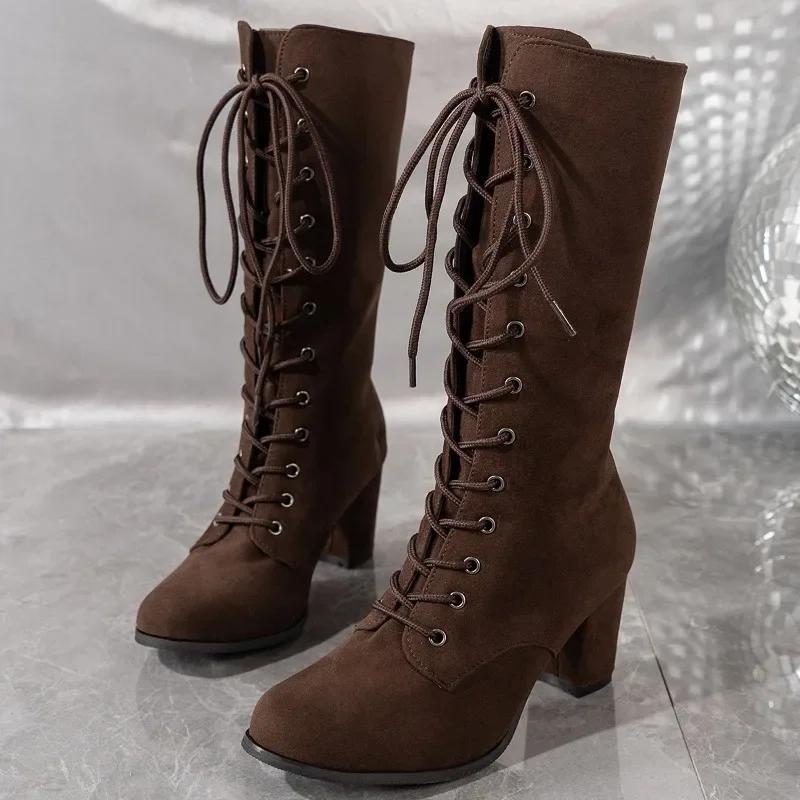 Women‘s Boots Retro Suede Casual Boots Fashion Pointed Toe High Heeled Booties Lace Up Women's Mid-calf Boots Botas Largas Mujer