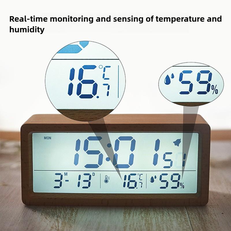 Large Screen Date Temperature LED Wooden Digital Alarm Clock Multifunctional Humidity Backlight 12/24 Hour Snooze Table Clock