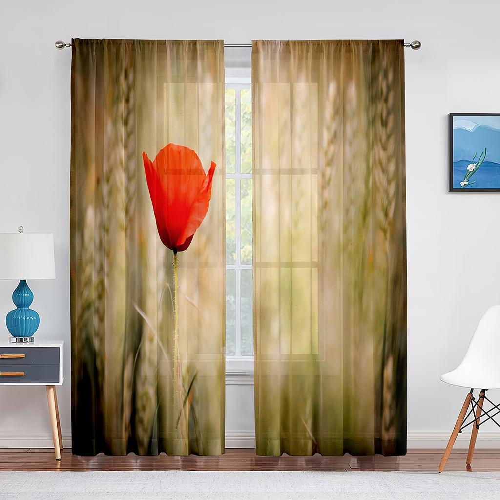 Poppy Flower Red Floral Sheer Voile Curtains for Living Room Bedroom Kitchen Tulle Window Curtain Home Decoration Chiffon Drapes