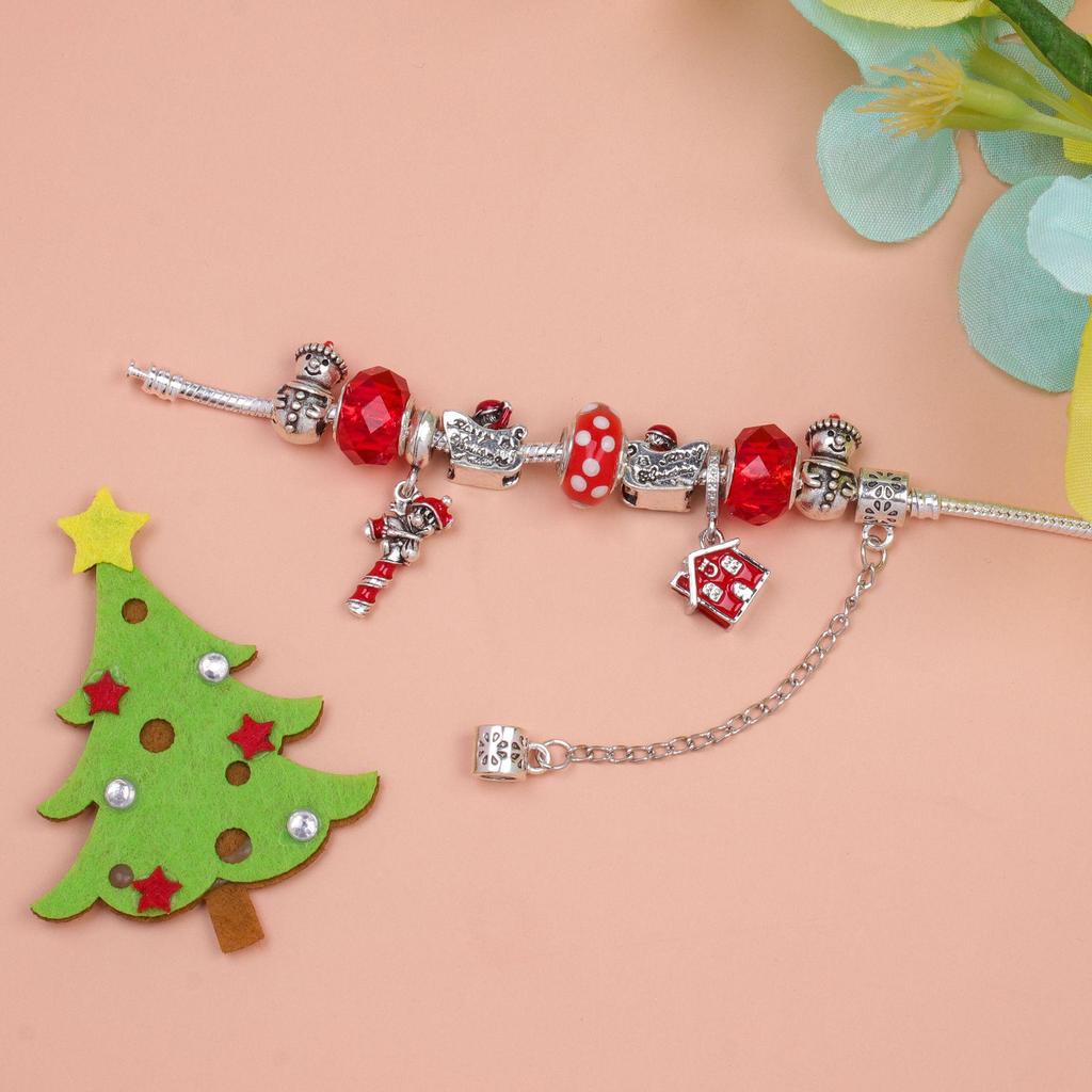 Santa Sleigh Alloy Beaded Bracelet with Snowman House Pendant