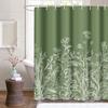 Duschvorhang floraler Rand Kräuter und Wildblumen Pflanzen Vintage Gravur hellgrauer Hintergrund schwarzer Polyesterstoff