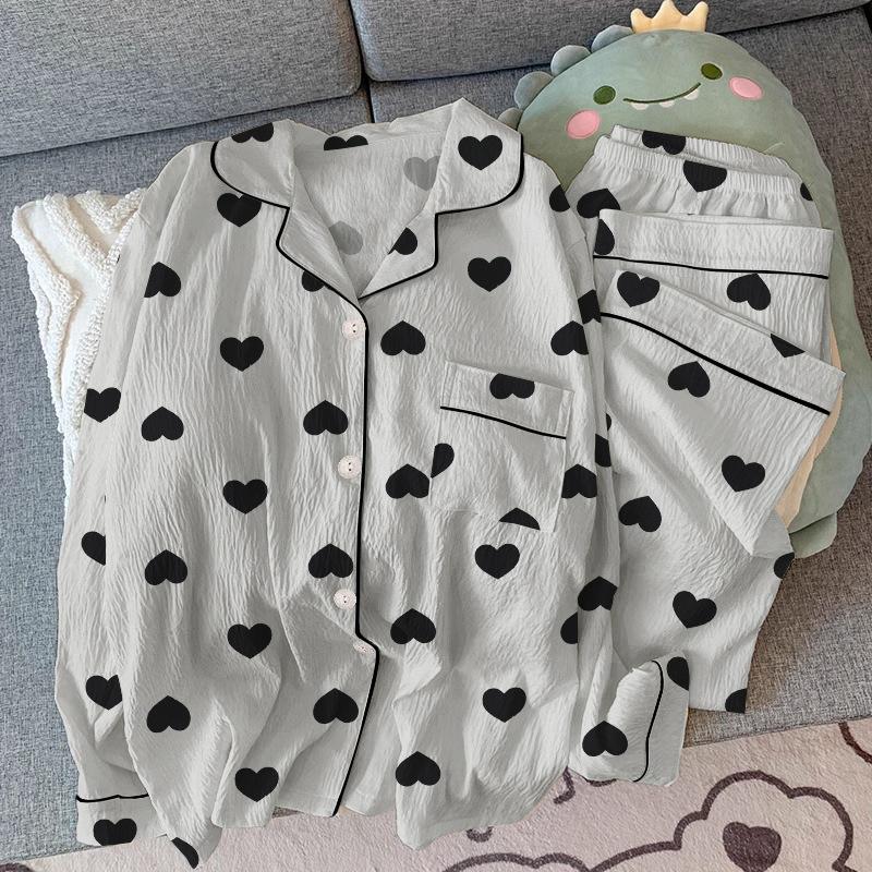 Pajamas Women'S Spring Wrinkled Cloth Long-Sleeved Love Sweet Fashion Loungewear Two-Piece Set Can Be Worn Outside