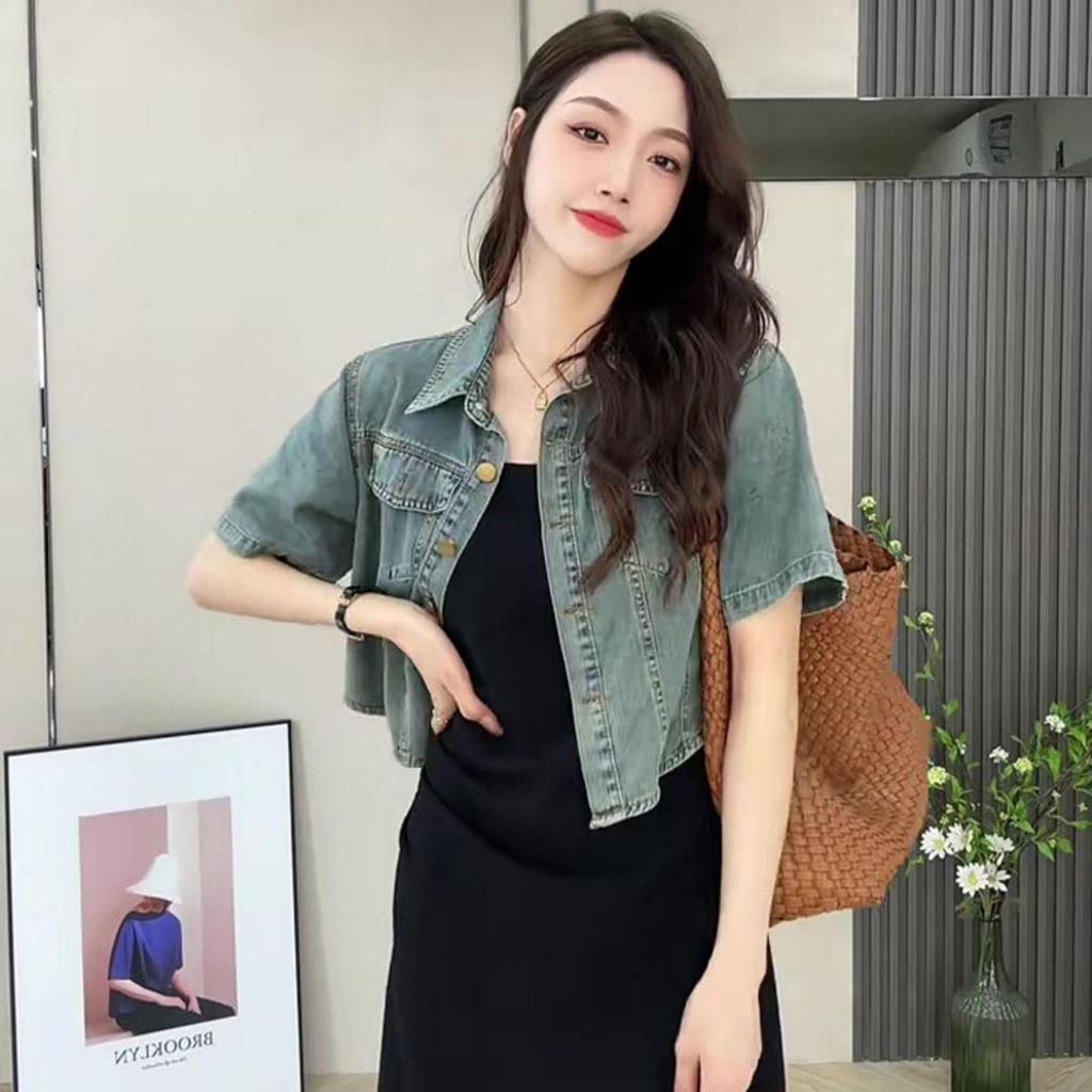 Women's Summer Retro Casual Suit: Short Sleeve Denim Jacket & Camisole Dress Set
