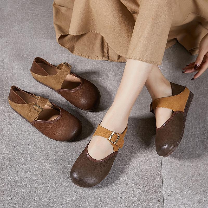 New Leather Fashion Women's Single Shoes, Round Head Soft Leather Soft Sole Can Be Worn Twice, Lazy Shoes Buckle Shoes