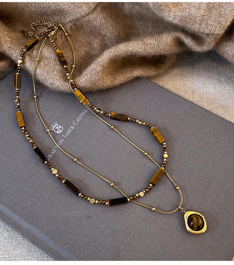 18k vergoldete Tigerauge Perlenanhänger Halskette - Retro Schlüsselbeinkette für Herbst/Winter.
