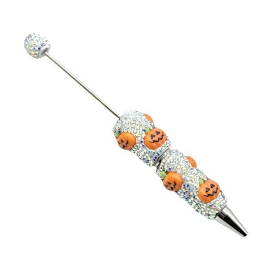Rhinestone Writing Pen Beadable Pen, Glitter Plastic Beaded Halloween Pumpkin Ghost Skull Decorative Gel Ink for DIY Craft Making, School Office