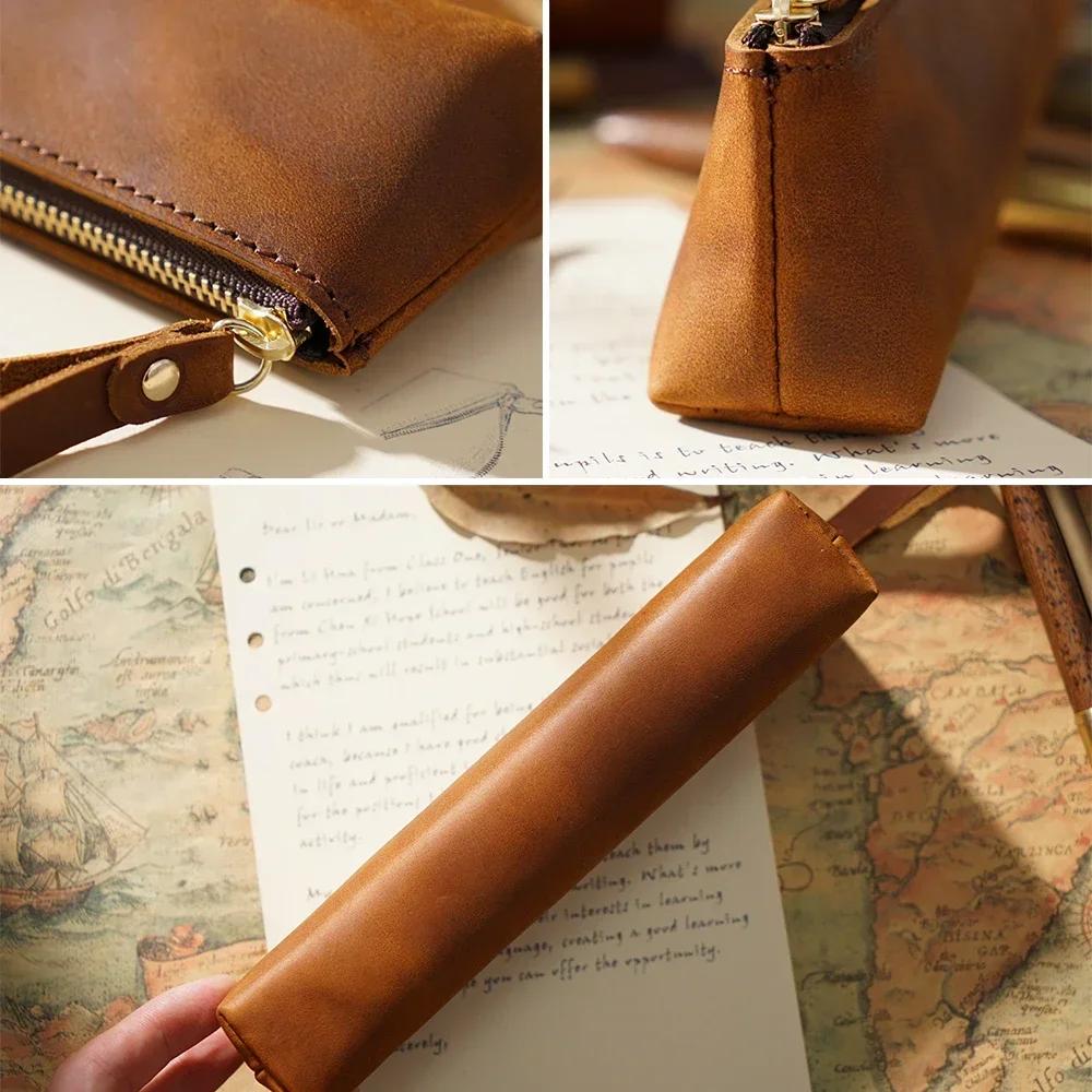 Genuine Leather Zipper Pen Case Pencil Bag Large Capacity Vintage Crazy Horse Leather Handmade Creative School Stationary