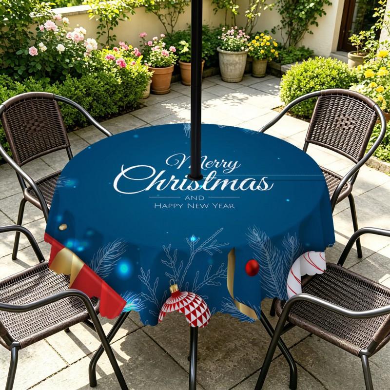 Outdoor Christmas Tablecloth Round Waterproof Oil-Resistant Patio Table Cover Garden Deck Umbrella Hole