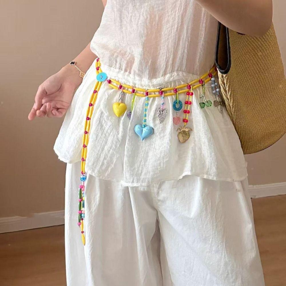 Y2K Dopamine Colored Beaded Waist Chain Hollow Out Bohemian Body Chain Metal Waist Chain  Summer