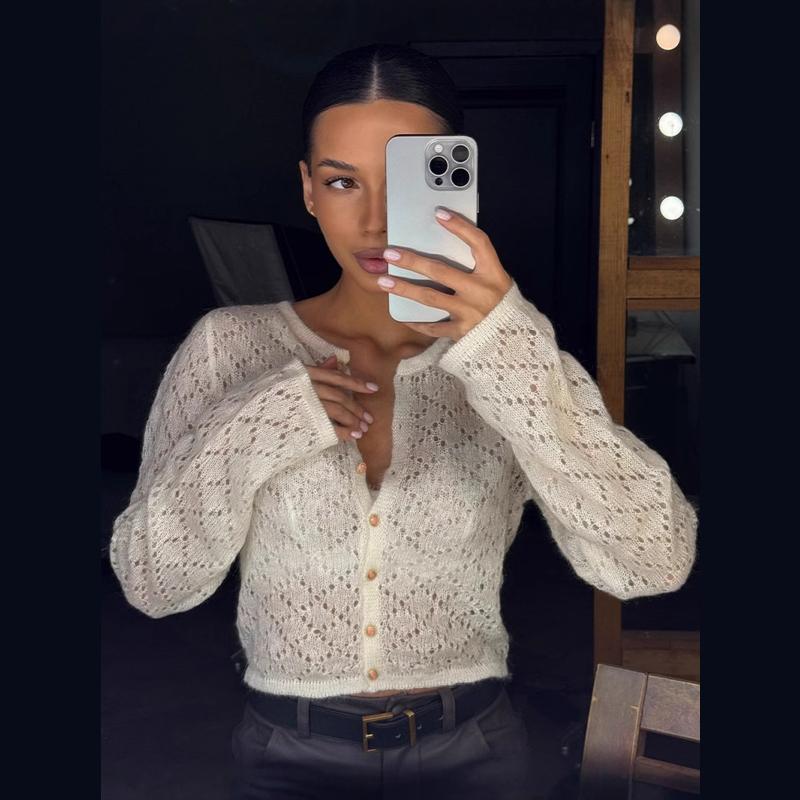 Hollow Knit Cardigan Long Sleeved Short Thin Sweater Women's Slim Top Casual Elegant Commuting Versatile Cardigan Spring Summer