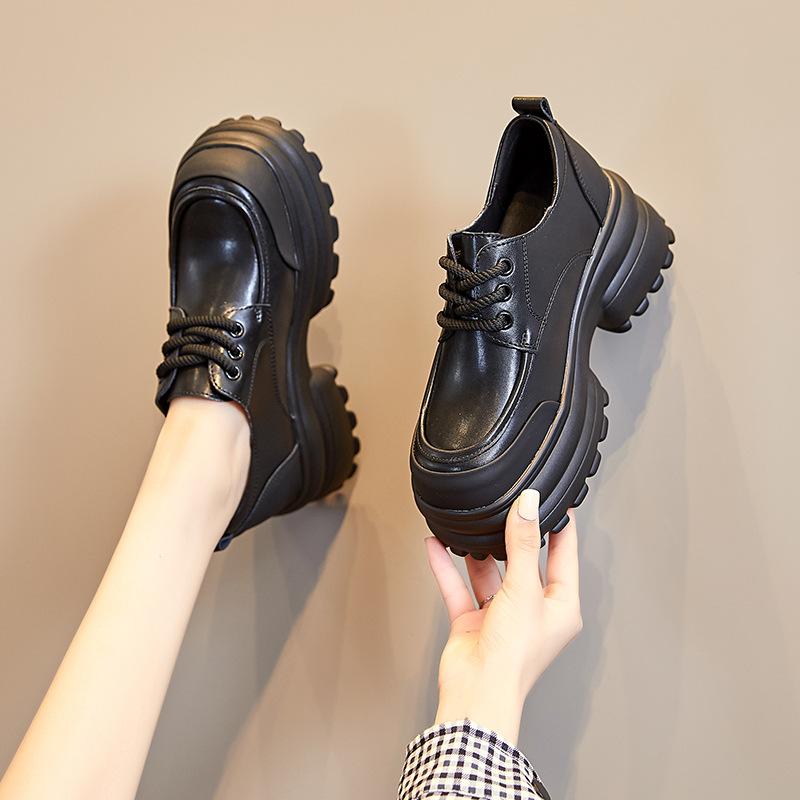 Leather loafers women's 2025 spring platform high heel height increase 8CM small leather shoes lace-up single shoes color matching design