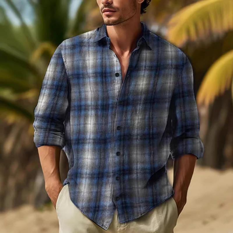 

New Spring Autumn Men s Yarn-Dyed Plaid Cardigan Casual Lapel Long Sleeve Top S темно-синий