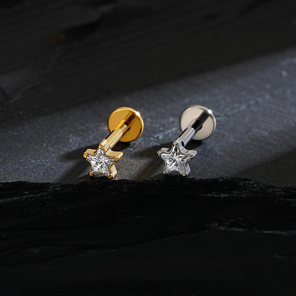 Right Grand ASTM F136 Titanium Star CZ Cartilage Earring 16G Dainty Star Flat Back Stud Tragus Conch Helix Nose Labret Piercing