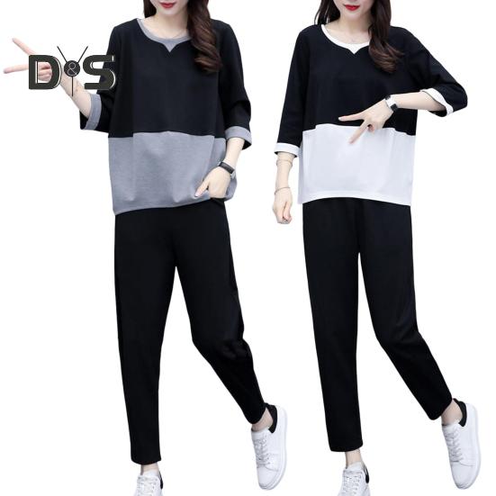 2 ks/sada Dámské tričko Kalhoty Set Sportovní oblečení Colorblock Top s kulatým výstřihem Poloviční rukáv Top Elastický pas Dlouhé Kalhoty Běžné kalhoty Top na dojíždění