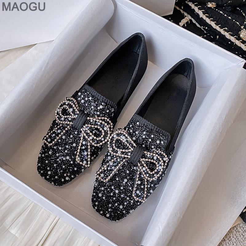 Crystal Rhinestone Beaded Women Low Heel Pumps Elegant Square Toe Ladies Fashion Slip-on Loafers Bowknot Flats Size 34-43 Shoes